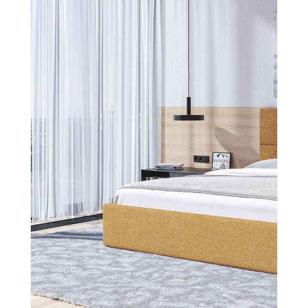 Okrovožltá čalúnená dvojlôžková posteľ s úložným priestorom s roštom 180x200 cm Bufo – MESONICA-image-4