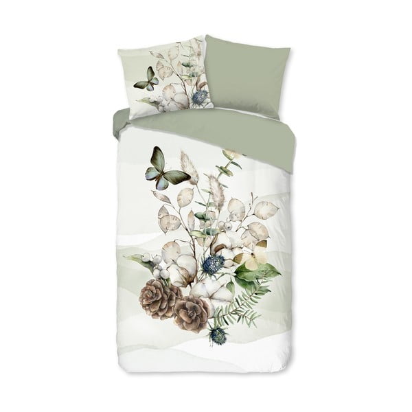 Zeleno-krémové predĺžené flanelové obliečky na jednolôžko 140x220 cm Marjan – Good Morning