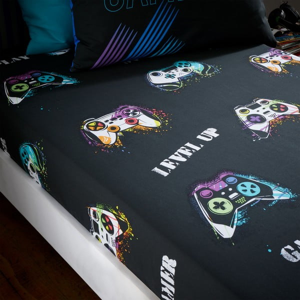 Čierna napínacia detská plachta na dvojlôžko 135x190 cm Game Over – Catherine Lansfield-image-1