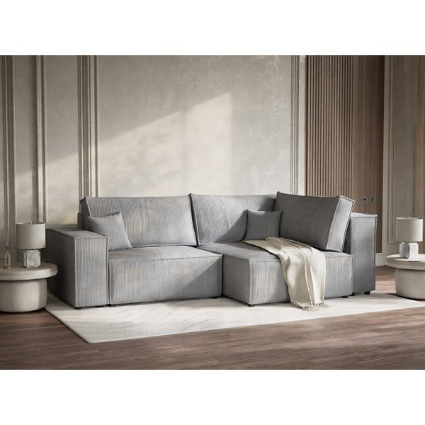 Sivá menčestrová rozkladacia/s úložným priestorom rohová pohovka (pravý roh/do L) Tonga – Maison de Rêve-image-4