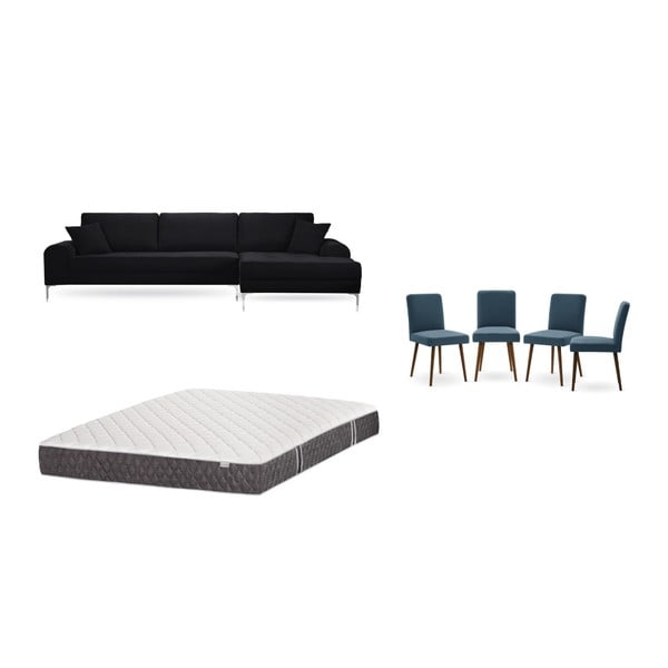 Set čiernej pohovky s leňoškou vpravo, 4 modrých stoličiek a matraca 160 × 200 cm Home Essentials