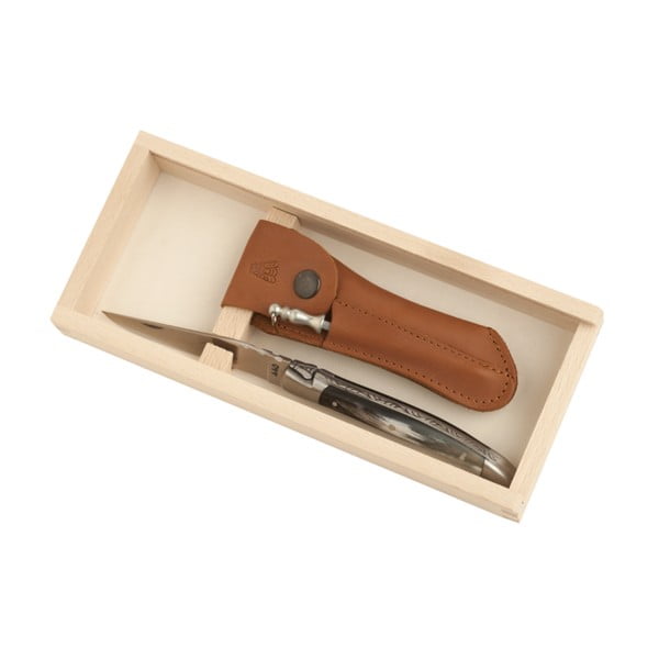 Vreckový nôž s rukoväťou z pravého rohu v koženom puzdre a box Jean Dubost