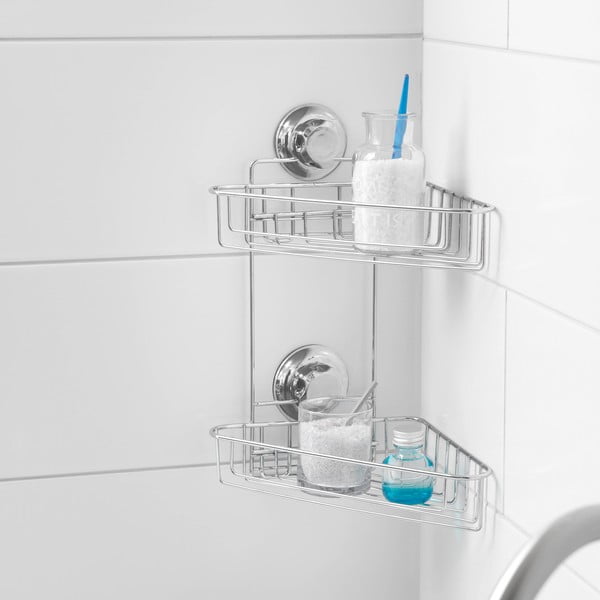 Rohová samodržiaca kovová kúpeľňová polička v striebornej farbe Bestlock Bath – Compactor-image-1