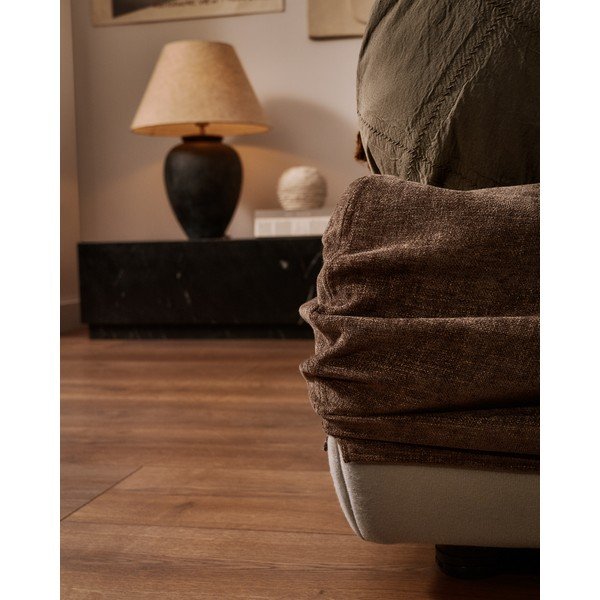 Tmavohnedá čalúnená dvojlôžková posteľ zo ženilky s úložným priestorom s roštom 160x200 cm Dafra – Kave Home-image-2