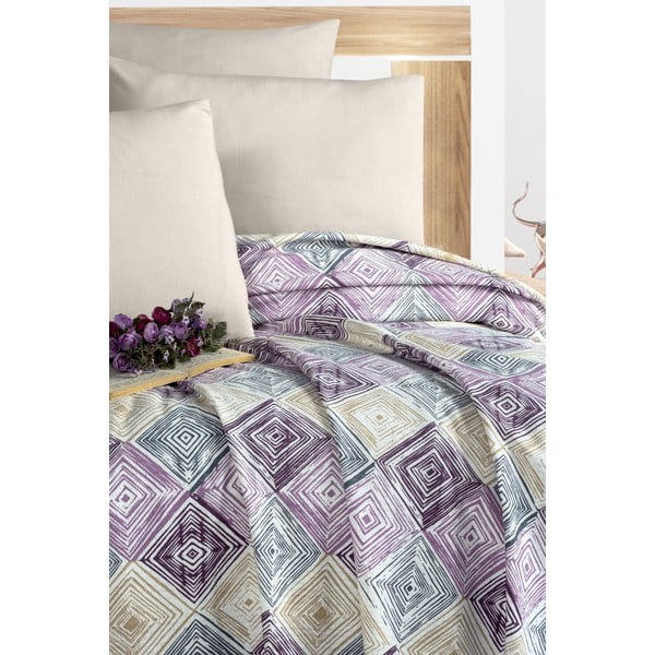 Fialovo-krémový bavlnený pléd 200x230 cm Pique – Mila Home-image-1