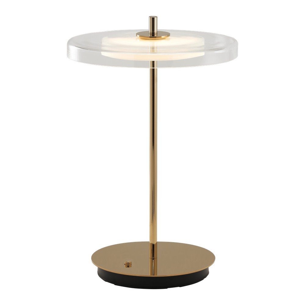E-shop Oceľová LED stolová lampa s USB portom v mosadznej farbe so skleneným tienidlom (výška 31 cm) Asteria Move – UMAGE