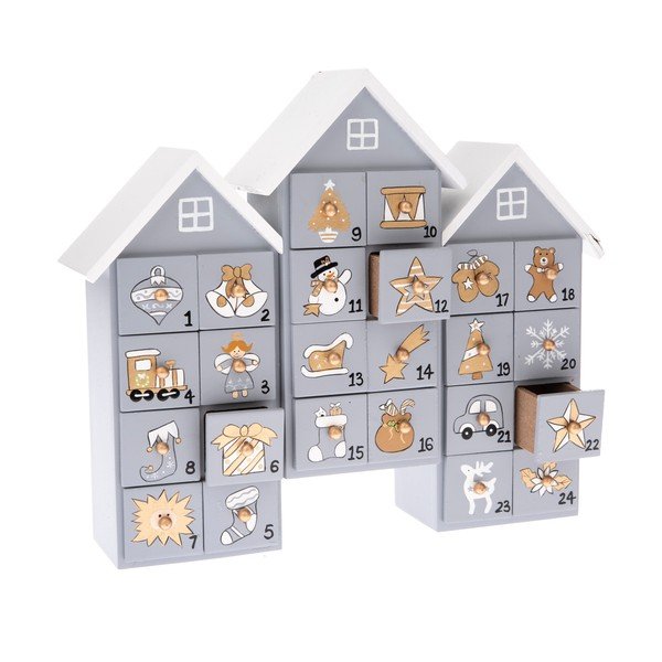 Sivý drevený adventný kalendár v tvare domčekov Dakls, výška 21,5 cm