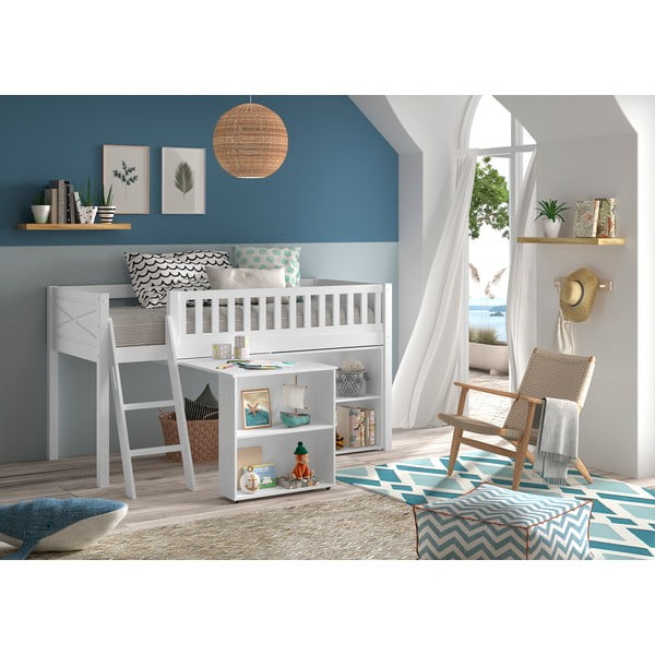 Biela vyvýšená detská posteľ z borovicového dreva s úložným priestorom 90x200 cm SCOTT – Vipack-image-1