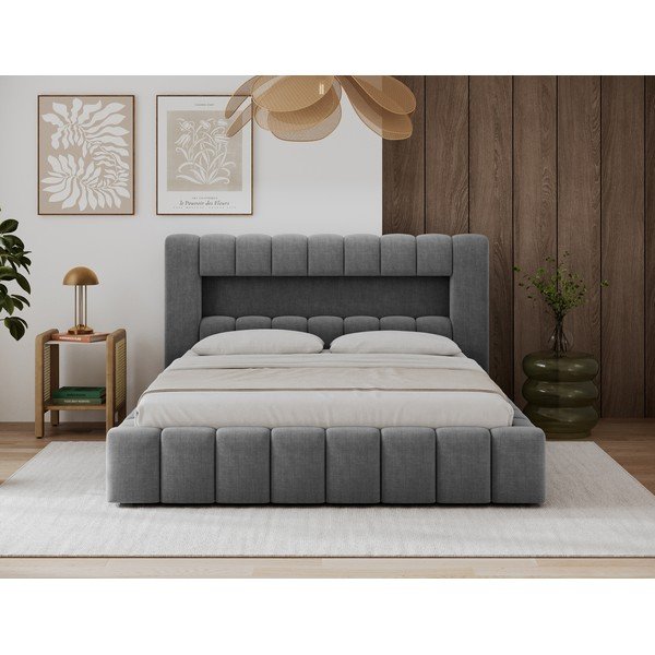 Sivá čalúnená dvojlôžková posteľ s úložným priestorom s roštom 140x200 cm Lamica – ELTAP-image-1