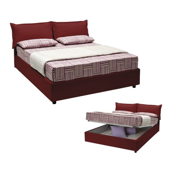Červená dvojlôžková posteľ s úložným priestorom, matracom a poťahom z koženky 13Casa Rose, 160 x 200 cm