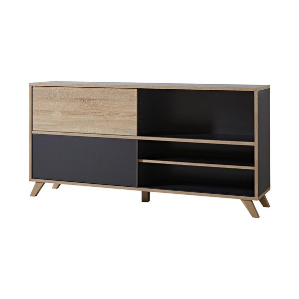 Široká čierna komoda s posuvnými dverami s detailmi v dekore dubového dreva Germania Calvi-image-1