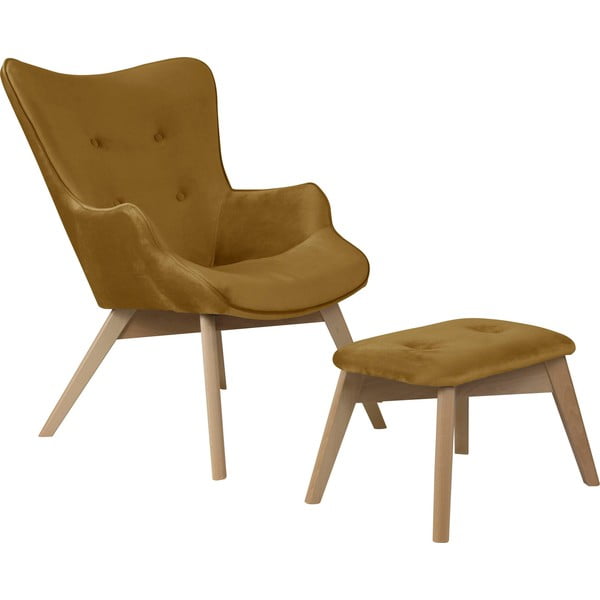 Zamatové kreslo s podnožkou v horčicovej farbe Niko – Ropez