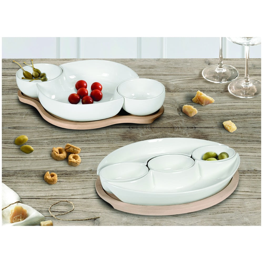 Sada 5 bielych servírovacích misiek z porcelánu na bambusovom podnose Brandani Plait