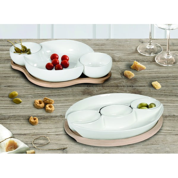 Sada 5 bielych servírovacích misiek z porcelánu na bambusovom podnose Brandani Plait-image-1