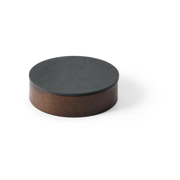 Antracitový/hnedý drevený/z eko kože úložný box s vekom/dekoratívny ø 11x3,5 cm Circle Nupo – LIND DNA