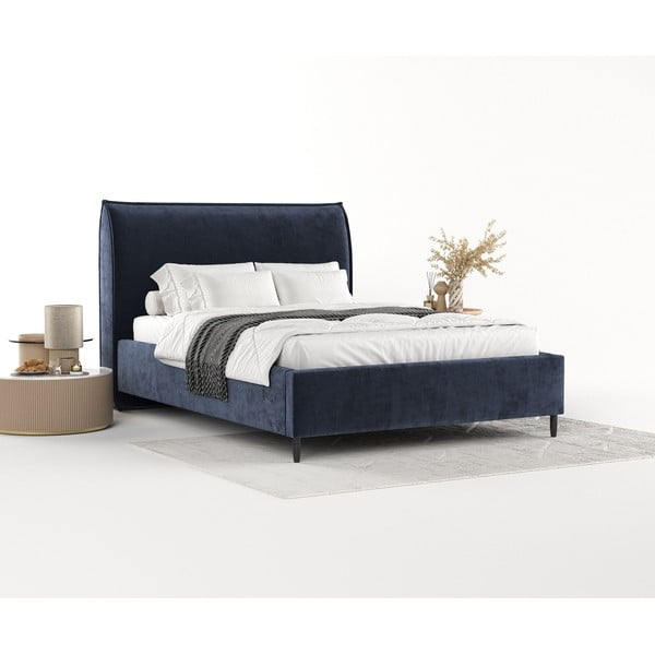 Tmavomodrá čalúnená dvojlôžková posteľ s úložným priestorom s roštom 180x200 cm Shell – Maison de Rêve-image-2