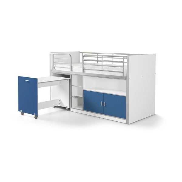 Modrá poschodová posteľ s vysúvacím stolíkom a úložným priestorom Vipack Bonny, 200 × 90 cm
