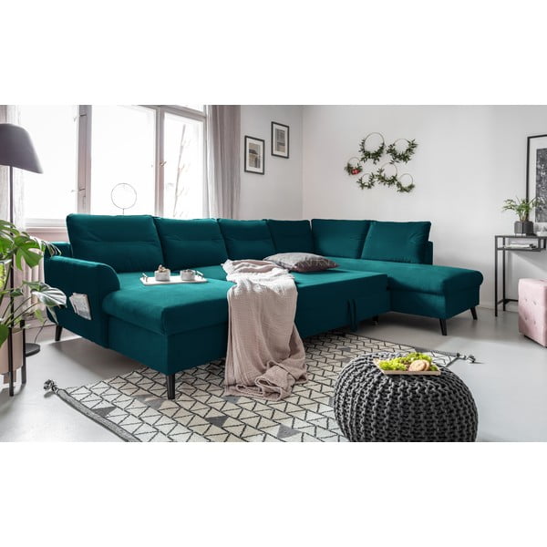 Tyrkysovomodrá zamatová rozkladacia pohovka do "U" Miuform Stylish Stan, pravý roh-image-4