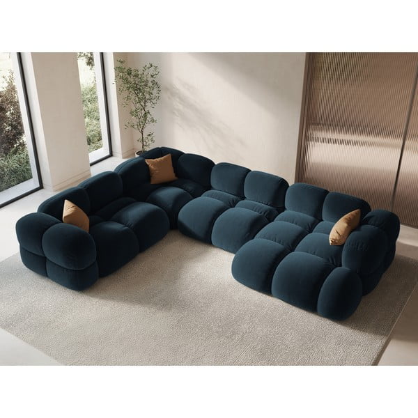 Tmavomodrá zamatová rohová pohovka (ľavý roh/do tvaru "U") Loretto – Cosmopolitan Design-image-1