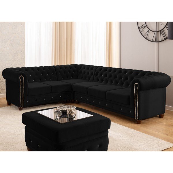 Čierna zamatová rozkladacia rohová pohovka (ľavý roh/do L) York Blik – Ropez-image-4