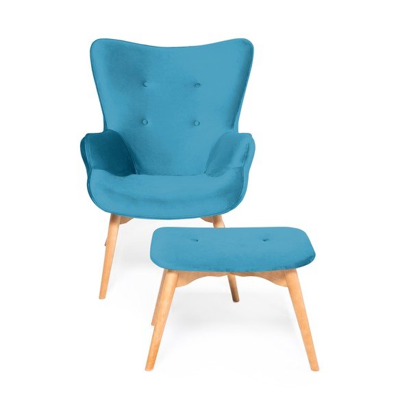 Akvamarínovomodré kreslo a podnožka s podnožou v prírodnej farbe Vivonita Cora Velvet-image-2