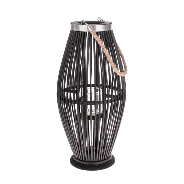 Čierny sklenený lampáš s bambusovou konštrukciou Dakls, výška 49 cm