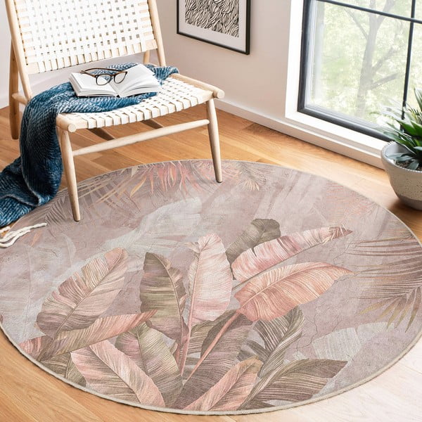 Svetloružový prateľný okrúhly koberec ø 100 cm Dusty Leaves – Mila Home-image-4