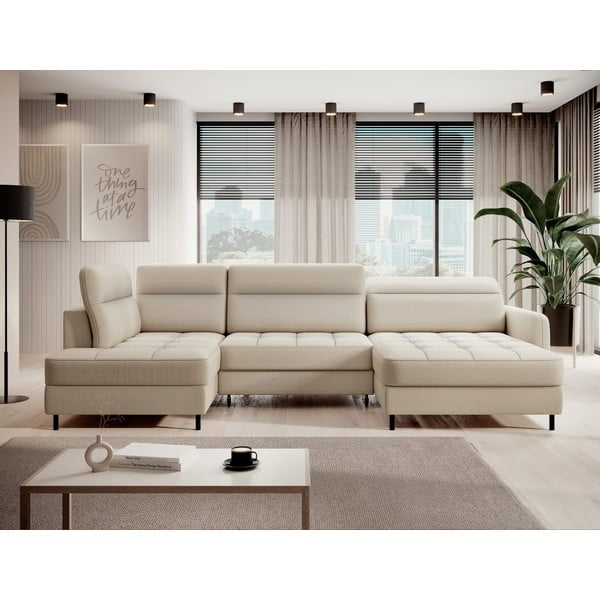 Béžová zamatová rozkladacia/s úložným priestorom rohová pohovka (ľavý roh/do tvaru "U") Berrto – ELTAP-image-1