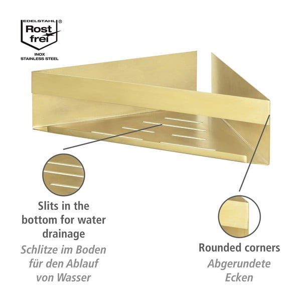 Rohová samodržiaca kúpeľňová polička z nerezovej ocele v zlatej farbe Genova – Wenko-image-4