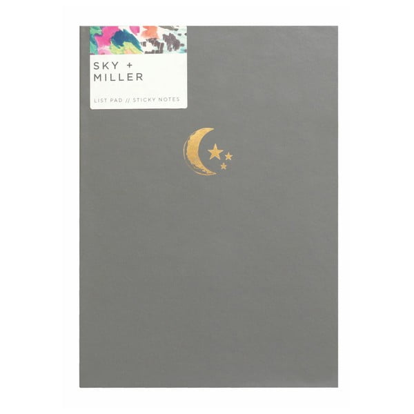 Sivý poznámkový blok so sadou lepiacich papierikov Portico Designs Moon&Stars, 60 strán