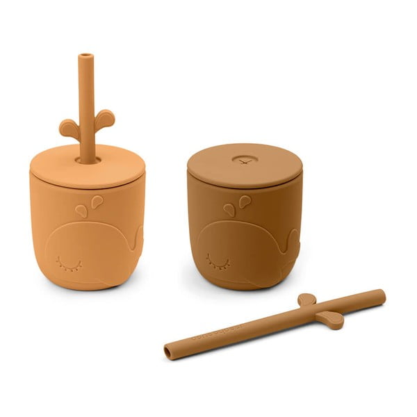 Set 2 horčicovožltých hrnčekov so slamkou Done by Deer Wally, 120 ml