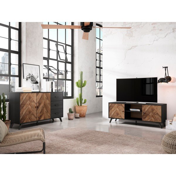 Čierny TV stolík v dekore orecha 136x53 cm Chevrons - Marckeric-image-1