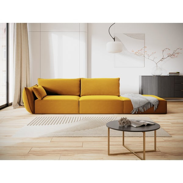 Zamatová pohovka v horčicovej farbe ľavý roh 264 cm Vanda – Mazzini Sofas-image-1