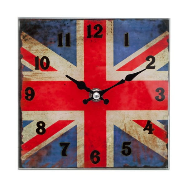 Štťvorcové nástenné hodiny s motívom anglickej vlajky, 15 x 15 cm