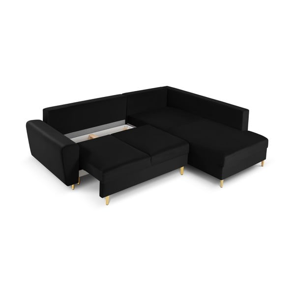 Čierna zamatová rozkladacia/s úložným priestorom rohová pohovka (pravý roh/do L) Kyoto – Cosmopolitan Design-image-3