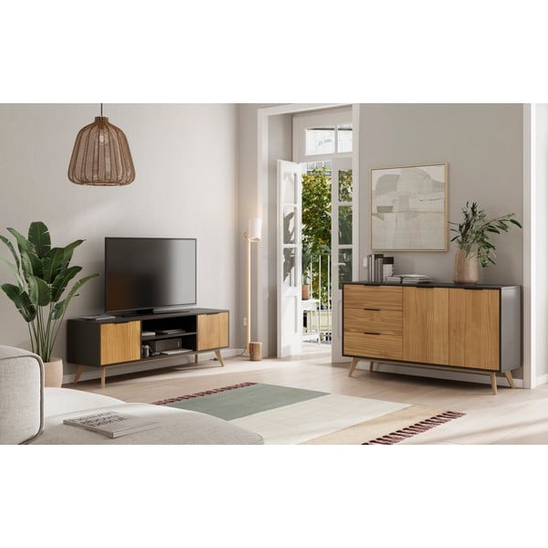Čierny/prírodný TV stolík z borovicového dreva 140x53 cm Lavis – Marckeric-image-1
