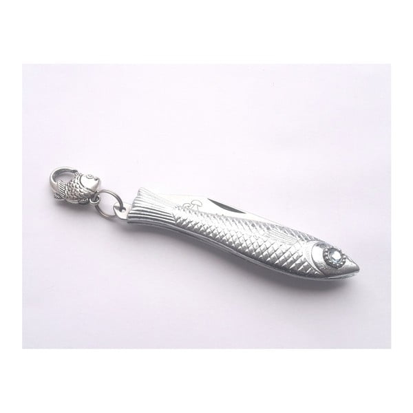 Český nožík rybička v striebornej farbe s modrým okom a nápisom Na hríby v dizajne od Alexandry Dětinskej-image-1