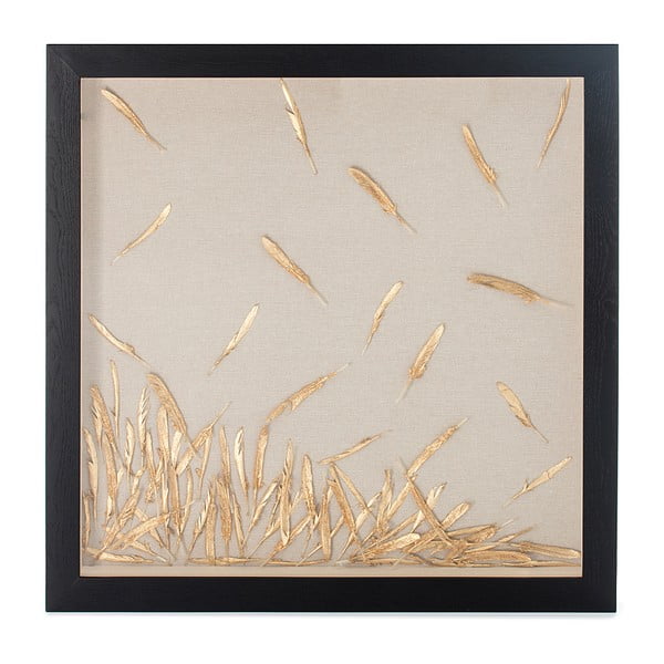 Ručne vyrábaná nástenná dekorácia v ráme Vivorum Golden Feather, 80 x 80 cm
