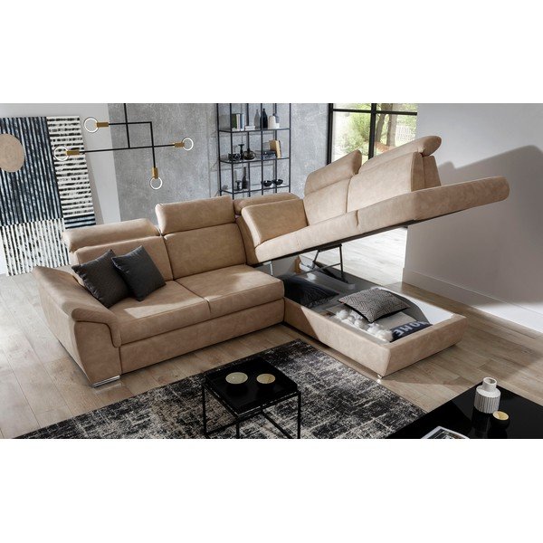 Béžová zamatová rozkladacia/s úložným priestorom rohová pohovka (pravý roh/do L) Loreto – ELTAP-image-3