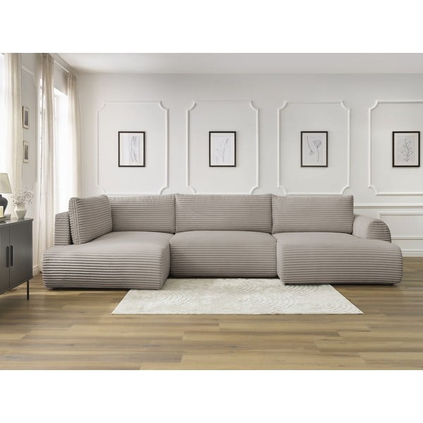 Svetlosivá/béžová menčestrová rozkladacia/s úložným priestorom rohová pohovka (ľavý roh/do tvaru "U") Lucien – Bobochic Paris-image-1