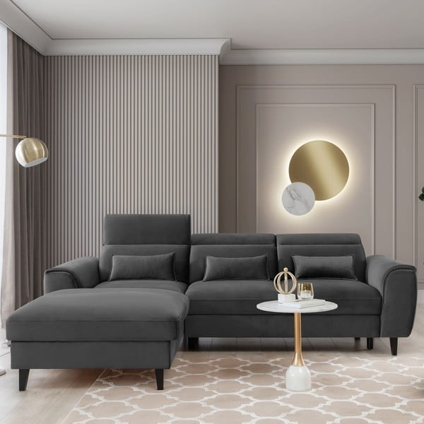 Tmavosivá zamatová rozkladacia/s úložným priestorom rohová pohovka (ľavý roh/s leňoškou) Foble – ELTAP-image-1