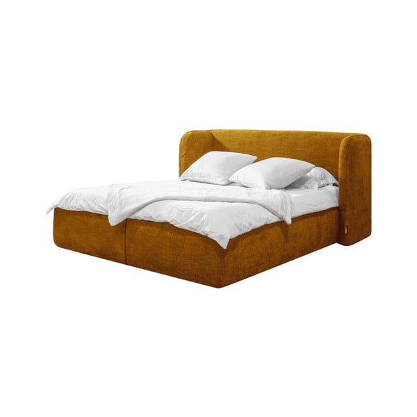 Okrovožltá čalúnená dvojlôžková posteľ s úložným priestorom s roštom 160x200 cm Louise – Bobochic Paris