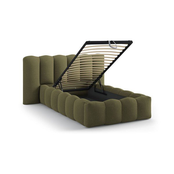 Kaki čalúnená jednolôžková posteľ s úložným priestorom s roštom 90x200 cm Lupine – Micadoni -image-1