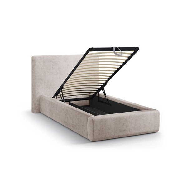 Béžová čalúnená jednolôžková posteľ s úložným priestorom s roštom 90x200 cm Amy – Micadoni -image-1