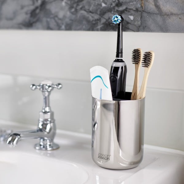 Téglik na zubné kefky z nehrdzavejúcej ocele v lesklo striebornej farbe EasyStore Luxe – Joseph Joseph-image-1