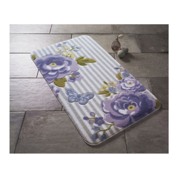 Vzorovaná fialová predložka do kúpeľne Confetti Bathmats Roses, 80 × 140 cm