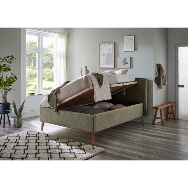 Tmavozelená čalúnená dvojlôžková posteľ s úložným priestorom s roštom 140x200 cm Riva – Meise Möbel-image-3