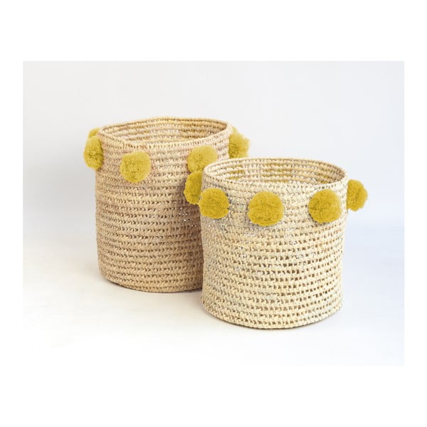Sada 2 úložných košíkov z palmových vlákien so žltými dekoráciami Madre Selva Milo Basket