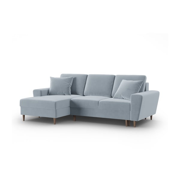 Svetlomodrá zamatová rozkladacia/s úložným priestorom rohová pohovka (ľavý roh/s leňoškou) Kyoto – Cosmopolitan Design-image-4