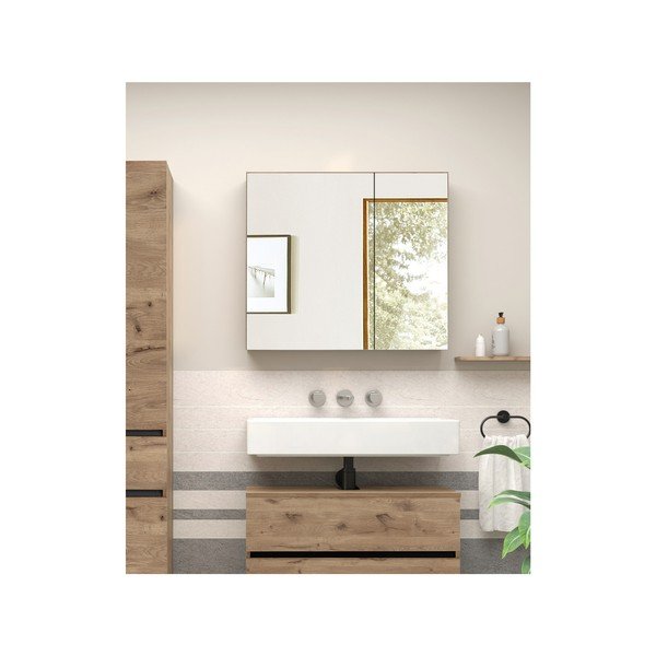 Závesná kúpeľňová skrinka so zrkadlom v dekore duba v prírodnej farbe 80x70 cm Wisla – Støraa-image-3